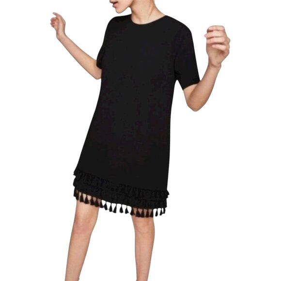 Zara Black Tassel Fringe Shift Short Sleeve Mini Dress Size Small - Picture 2 of 11